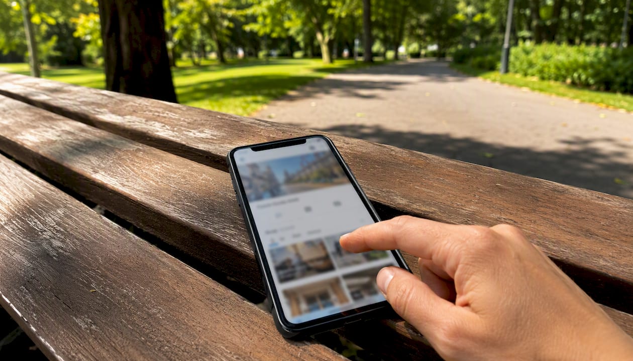Mano navegando por las fotos de negocios en Google Maps desde un teléfono móvil