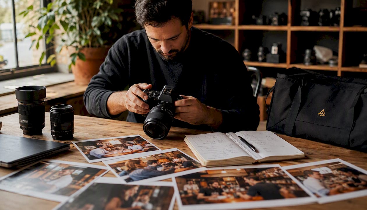 Unas manos preparan la cámara para una sesión de fotos en un estudio de un pequeño negocio local.