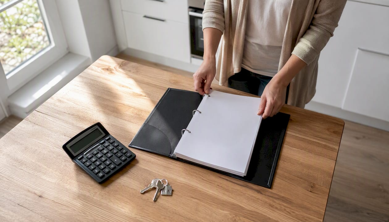 Manos organizando documentos para una oferta inmobiliaria