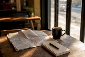 Escritorio con mapa de la ciudad, café y libreta