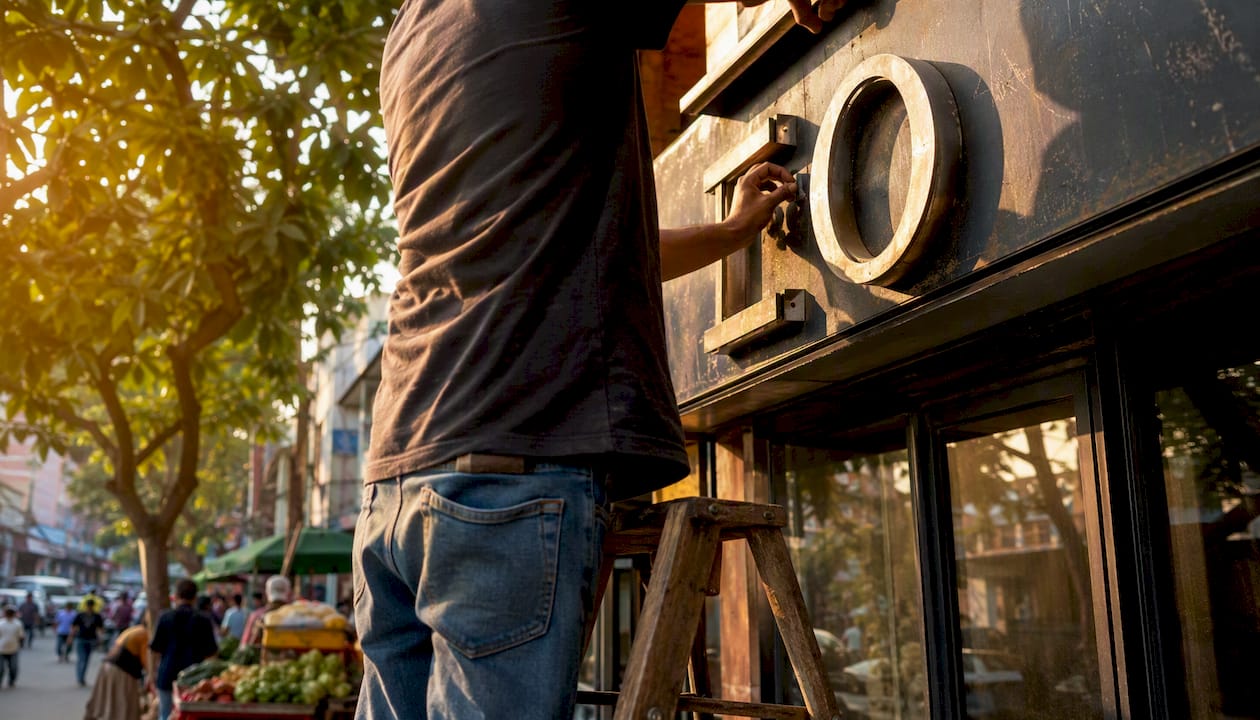 Persona colocando o ajustando las letras del letrero de un negocio local