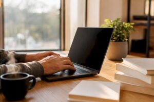 Manos escribiendo código JSON-LD en el teclado de una laptop