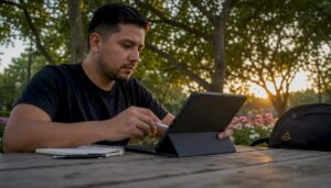 Emprendedor gestionando su negocio local al aire libre
