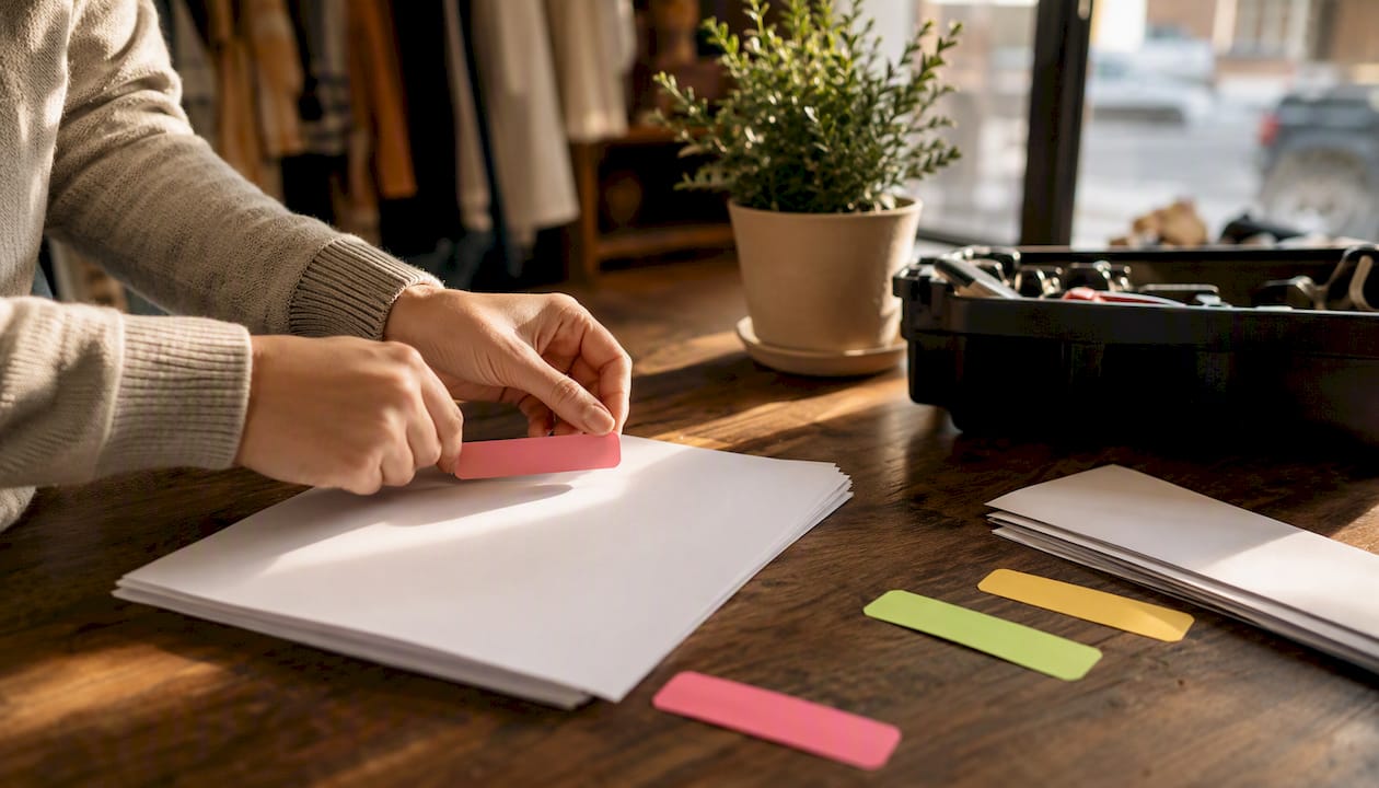 Personas organizando carpetas y pegando etiquetas de distintos colores para identificarlas fácilmente.