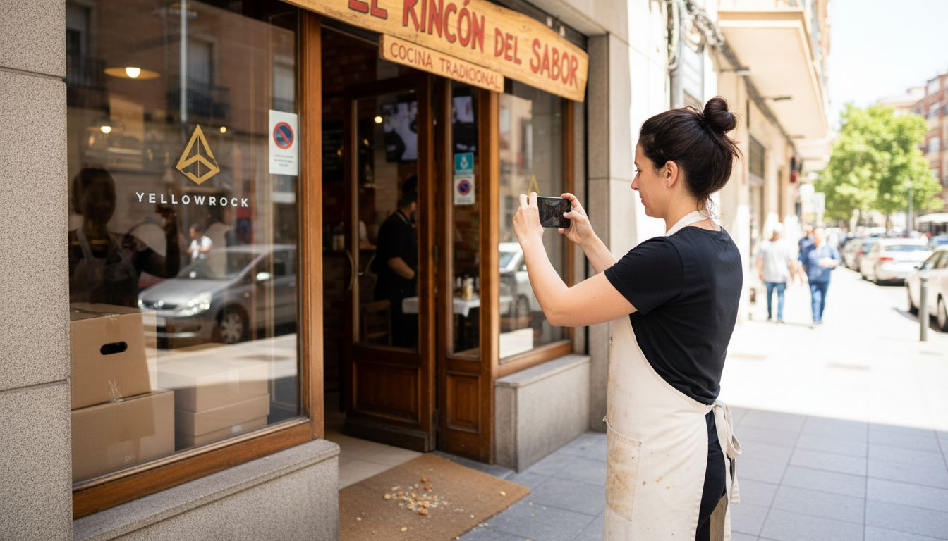 El dueño del restaurante toma una foto de la entrada del local.