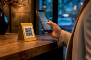 Cliente escaneando un código QR para dejar una reseña