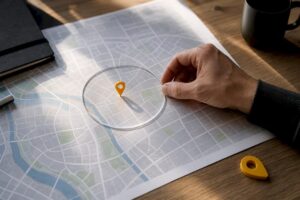 Mapa de la ciudad con un área publicitaria resaltada alrededor de un marcador