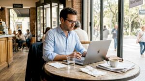 Un empresario consulta su perfil de Google mientras toma un café en una cafetería.