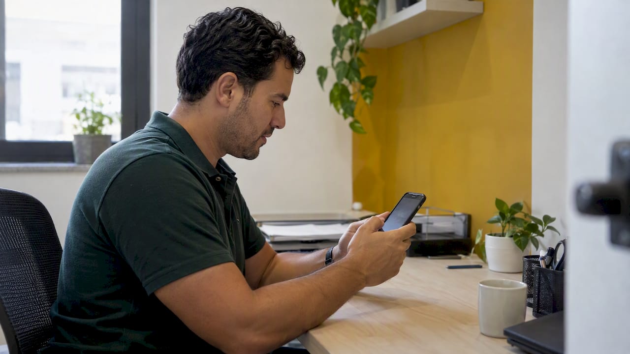 Coordinador dental atiende una reseña en su móvil