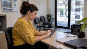 Una asesora está revisando la página inmobiliaria en su móvil